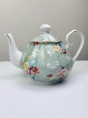 Gracie China Teapot Featuring A Sage Green Floral Chintz Pattern With Gold Trim